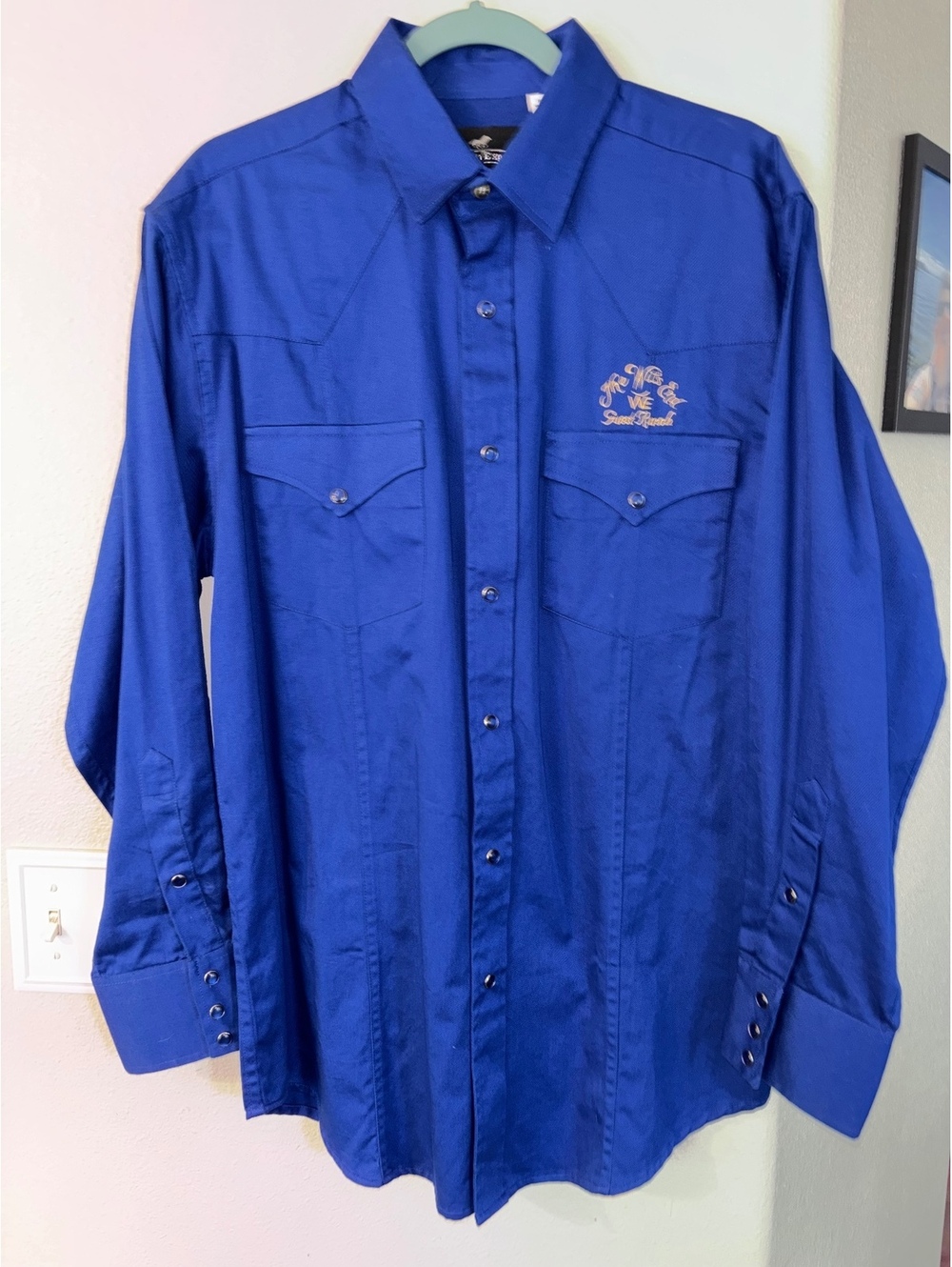 Western Express Blue Cotton Pearl Snap Shirt The Wits End Guest Ranch Men's L